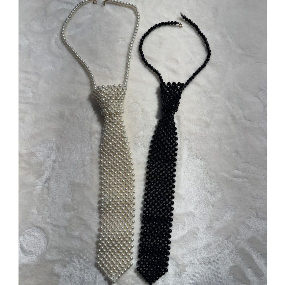 Set of 2 Faux Pearl Beaded Necktie Necklaces Black White Statement Jewelry